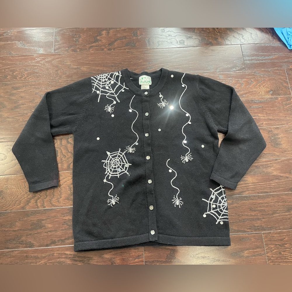 The Quacker Factory Vtg Halloween Spider Web Bead Button Down Cardigan Medium